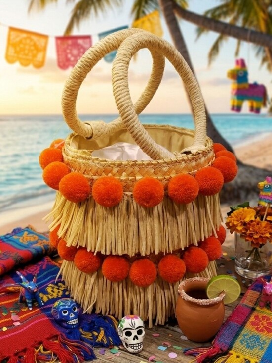 Handbags - Boho Straw Fringe Tote with Orange Pom Poms